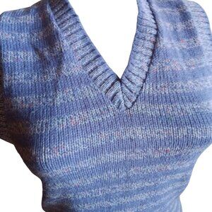 Vintage Medium 70's Teasers Blue Knitted Sleeveless Sweater Vest V-Neck Womens